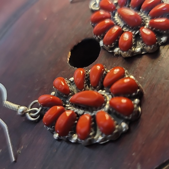 Sterling silver red coral earrings hand made native American southwestern style - Picture 2 of 3